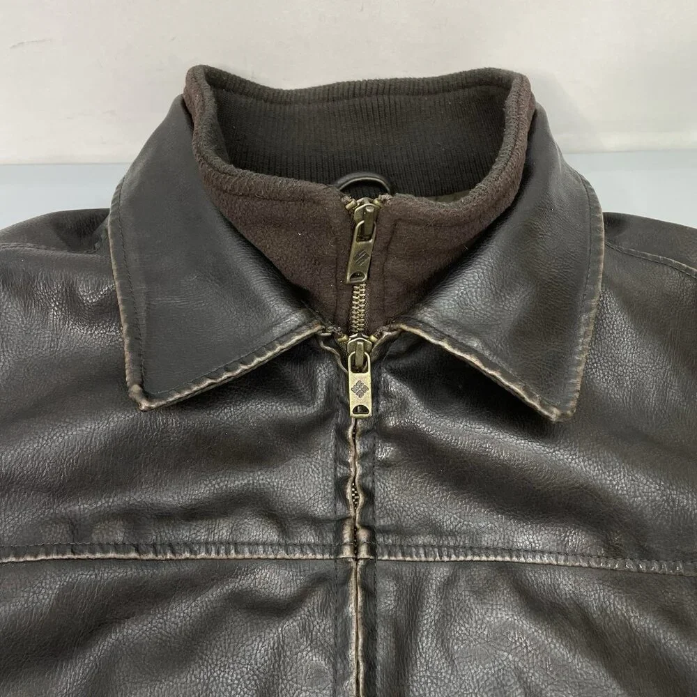 Columbia Faux Leather Bomber Jacket Aviator Distressed Full Zip Brown Mens L